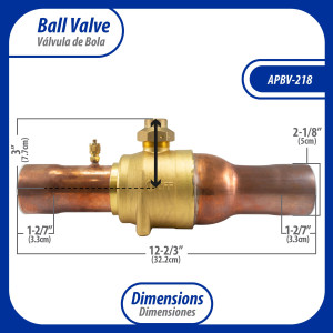 Appli Parts APBV-218 2-1/8 in Shut Off Ball Valve ODF Universal Replacement 610 psi (4.2 Mpa) max pressure -22 F to 248 F work temperature with 1/4 in SAE service port, with 12-2/3 in overall length