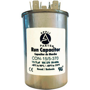 Appli Parts Dual Run Capacitor for ac 15+5 Mfd uF (microfarads) 370VAC CBB65 Round Universal fit for hvac and other applications 2 in Wide 3-1/2 in Height CON-15/5-370-R
