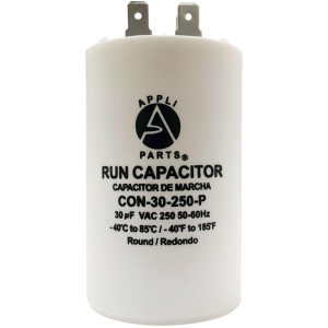 Appli Parts Run Capacitor for electric motors 30 Mfd uF (microfarads) 250VAC Plastic Case with terminals CBB60 Round Universal fit water pumps and others 3-3/8 in High 1-3/4 in Wide CON-30-250-P