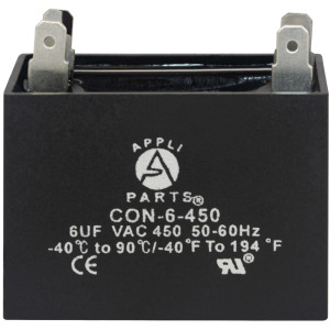 Appli Parts Fan Capacitor 6 mfd (microfarads) uf 450 VAC 4 Terminal Connections compatible with any brand within the same range of capacitance 1-7/8in Width 7/8in Depth 1-3/4in Height CAP-6-450