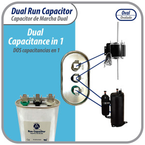 Appli Parts Dual Run Capacitor for ac 25+5 Mfd uF (microfarads) 370VAC CBB65 Oval Universal fit for hvac and other applications 2-3/4 in Wide 1-3/4 in Depth 4-1/8 Height CON-25/5-370
