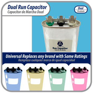 Appli Parts Dual Run Capacitor for ac 25+5 Mfd uF (microfarads) 370VAC CBB65 Oval Universal fit for hvac and other applications 2-3/4 in Wide 1-3/4 in Depth 4-1/8 Height CON-25/5-370