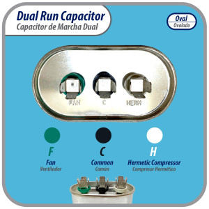 Appli Parts Dual Run Capacitor for ac 25+5 Mfd uF (microfarads) 370VAC CBB65 Oval Universal fit for hvac and other applications 2-3/4 in Wide 1-3/4 in Depth 4-1/8 Height CON-25/5-370