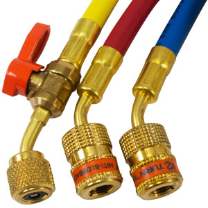 Uniweld EZ3HS Manifold Hoses 36in Red and Blue with EZ Turn Yellow with Ball Valve CFC/HCFC/HFC Compatible with R410A, Anti-Blowback fitting with Soft Magic Barrier hose set