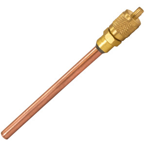 Appli Parts Valvula de acceso de 1/4 SAE x 3/16 pulg OD x con vastago de cobre de 8cm de largo con nucleo y tapa de laton con removedor de nucleo y empacadura APVS-143163