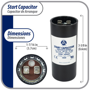 Appli Parts Condensador Capacitor Arranque 161-193 Mfd (microfaradios) uF 250 VAC remplazo universal para motores electricos de distintas aplicaciones 3.7cm Diametro 8.6cm Alto CON-161-250

