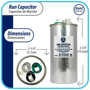 Appli Parts Dual Run Capacitor for ac 70+10 Mfd uF (microfarads) 370VAC or 450VAC CBB65 Round Universal fit for hvac and other applications 5-1/4 in High 2-1/4 in Wide CON-70/10-450