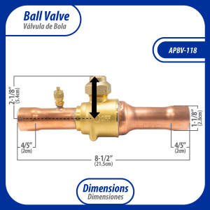 Appli Parts APBV-118 1-1/8 in Shut Off Ball Valve ODF Universal Replacement 610 psi (4.2 Mpa) max pressure -22 F to 248 F work temperature with 1/4 in SAE service port, with 8-1/2 in overall length