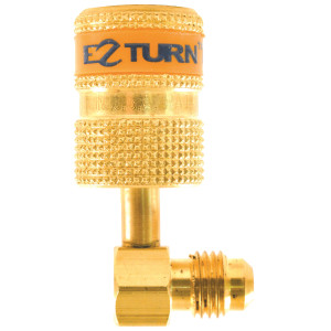 Uniweld Ez-Turn Anti-Blowback Mini Split Ductless Adaptador 90 degrees 1/4 in MF X 5/16 in FF Compatible with R410A, CFC, HCFC and HFC rated EZABM90