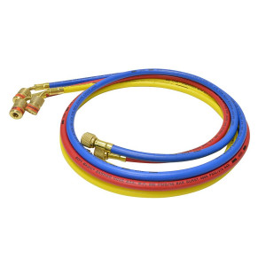 Uniweld EZ6HS Manifold Hoses 72in Red and Blue with EZ Turn Yellow with Ball Valve CFC/HCFC/HFC Compatible with R410A, Anti-Blowback fitting with Soft Magic Barrier hose set