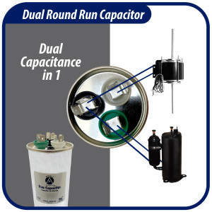 Appli Parts Dual Run Capacitor for ac 40+5 Mfd uF (microfarads) 370 VAC or 450 VAC CBB65 Round Universal fit for hvac and other applications 4-3/4 in High 2 in Wide CON-40/5-450