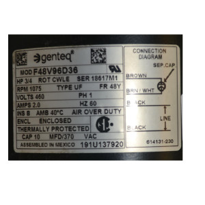 Danfoss 119-5630 Motor 3/4hp 460v/1ph/60hz 1075rpm For Optyma F48v96d36 includes Capacitor 10mfd 370V 191U137920 