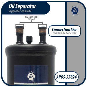 Appli Parts APOS-55824 Separador de Aceite 1/2 pulg ODF Soldable, CFC, HCFC, HFC, Compatible con R22, R407C, R502, R134a, R404A, R507A, Temperatura de trabajo desde -10 C a 130 C
