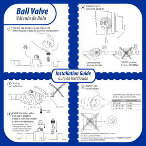 Appli Parts APBV-058 Valvula de Cierre 5/8 in tipo Bola de conexion soldable con puerto de servicio SAE de 1/4 in, presion maxima de trabajo 610 psi temperaturas de -30 C a 120 C longitud total 165mm