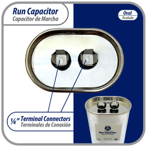 Appli Parts Run Capacitor for ac 5 Mfd uF (microfarads) 370 VAC or 450 VAC CBB65 Oval Universal fit for hvac and other applications 2-3/4in H 1-3/8in W 2-1/8in L CON-5-450-O