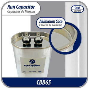 Appli Parts Run Capacitor for ac 5 Mfd uF (microfarads) 370 VAC or 450 VAC CBB65 Oval Universal fit for hvac and other applications 2-3/4in H 1-3/8in W 2-1/8in L CON-5-450-O