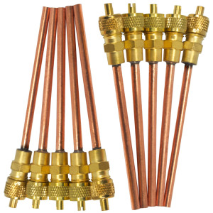 Appli Parts 10 Unidades Valvula de acceso de 1/4 SAE x 3/16 pulg OD x con vastago de cobre de 8cm de largo con nucleo y tapa de laton con removedor de nucleo y empacadura APVS-143163K10