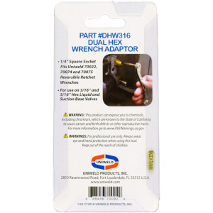 Uniweld DHW316 Dual Hex Wrench Adaptor 3/16 and 5/16 in, 1/4 in Square Socket