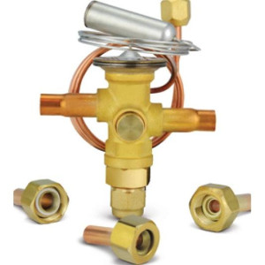 Danfoss 067L6008 5TR Thermostatic expansion valve, TR 6, Compatible with R410A, R454B, R32, 3/8x3/8 in Solder, ODF, 1/4 in Cap. Tube, Flare, Embossed 1-way arrow, 15 to 60 F