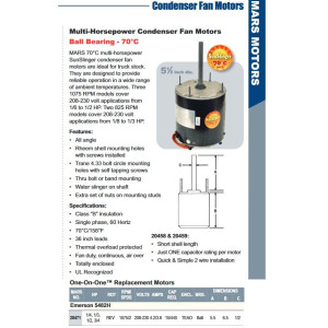 MARS 20471 1/4-3/4HP Multi HP 1075rpm Motor para Unidad Condensadora de Aire Acondicionado 6 poles, 1 eje, Cerramiento TEAO, 2 velocidades, Marco 48, Reversible, 208-230 V,60 Hz,1 Ph, 15mfd/440VAC