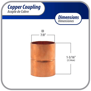 Appli Parts AP-A078 7/8 in Wrot Copper Coupling fitting CxC Sweat connections for refrigeration, air conditioning and plumbing applications ACR and Type L copper pipe 