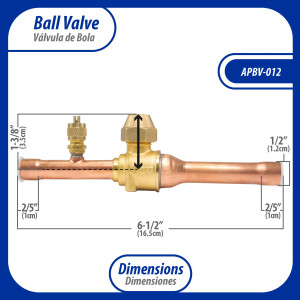Appli Parts APBV-012 1/2 in Shut Off Ball Valve ODF Universal Replacement 610 psi (4.2 Mpa) max pressure -22 F to 248 F work temperature with 1/4 in SAE service port, with 6-1/2 in overall length