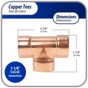 Appli Parts AP-T118 1-1/8 in Wrot Copper Tee CxCxC connections for refrigeration, air conditioning and plumbing applications ACR and Type L copper pipe