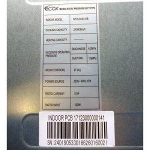 Fan Coil Desnudo 24.000btu 230v/60hz/1ph Compatible con R410A, Ecox Nfcu024c10b / Efcu024c10b
