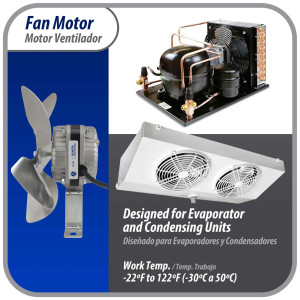 Appli Parts APFM-72E Motor Ventilador 7W Condensador y Evaporador 220V 60Hz 0.23A, Incluye Aspa de Aluminio de 20cm y Base de Montaje, Repuesto Universal para Equipos de Refrigeracion Comercial