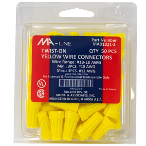 MA-Line MA01021-2 Yellow Twist on Wire Connector No. 18 through 10 AWG. Bag of 50ea MA-Line MA01021-2 Yellow Twist on Wire Connector No. 18 through 10 AWG. Bag of 50ea
