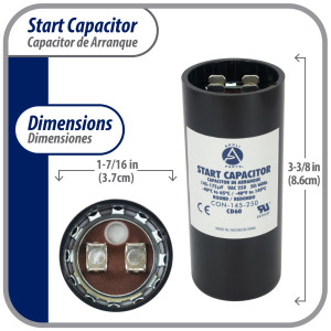 Appli Parts motor start capacitor 145-175 Mfd (microfarads) uF 250 VAC universal fit for electric motor applications 1-7/16 in Wide 3-3/8 in Height CON-145-250
