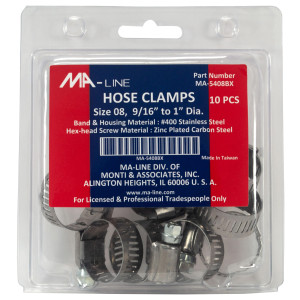 MA-Line MA-5408BX Hose Clamp 9/16in to 1in Diameter. Size 08. Combo Hex (10 x Bag)