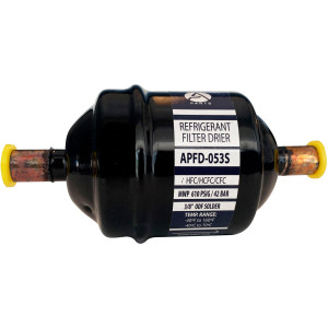 Appli Parts APFD-053S 3/8 in Liquid Line Refrigerant AC Filter Drier hvac Refrigeration 053S ODF Sweat Solder connection universal unidirectional 4-1/2 in long 2 in wide