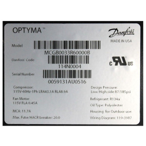 Danfoss MCGB0033R60000B 1/3HP+, R134a Condensing Unit for Refrigeration, Copper Coil Aluminum Fins MBP 115/1/60 (V/Ph/Hz) 1 Fan,Fractional Compressor NF11FX, 114N0004