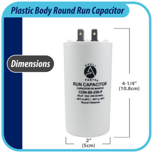 Appli Parts Run Capacitor for electric motors 60 Mfd uF (microfarads) 250VAC Plastic Case with terminals CBB60 Round Universal fit water pumps and others 4-1/4 in High 2 in Wide CON-60-250-P