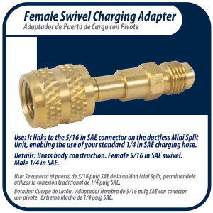 Appli Parts APCA-51614S 5/16 in Female x 1/4 in Male, SAE, R410, Swivel Charging Adapter with Valve Core and Depressor for Ductless Mini Split and other Air Conditioning Applications Appli Parts APCA-51614S 5/16 in Female x 1/4 in Male, SAE, R410, Swivel Charging Adapter with Valve Core and Depressor for Ductless Mini Split and other Air Conditioning Applications