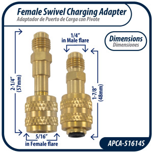 Appli Parts APCA-51614S 5/16 in Female x 1/4 in Male, SAE, R410, Swivel Charging Adapter with Valve Core and Depressor for Ductless Mini Split and other Air Conditioning Applications Appli Parts APCA-51614S 5/16 in Female x 1/4 in Male, SAE, R410, Swivel Charging Adapter with Valve Core and Depressor for Ductless Mini Split and other Air Conditioning Applications