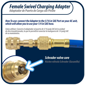Appli Parts APCA-51614S 5/16 in Female x 1/4 in Male, SAE, R410, Swivel Charging Adapter with Valve Core and Depressor for Ductless Mini Split and other Air Conditioning Applications Appli Parts APCA-51614S 5/16 in Female x 1/4 in Male, SAE, R410, Swivel Charging Adapter with Valve Core and Depressor for Ductless Mini Split and other Air Conditioning Applications