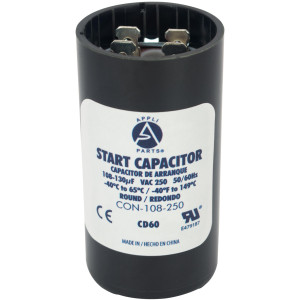 Appli Parts motor start capacitor 108-130 Mfd (microfarads) uF 250 VAC universal fit for electric motor applications 1-7/16 in Diameter 2-3/4 in Height  CON-108-250
