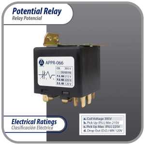 Appli Parts APPR-066 Potential Relay 066, Coil Voltage 395 V, Min Pick up 215 V, Max Pick up 225 V, Max Drop Out 120 V, 50/60 Hz Universal replacement for HVAC and Refrigeration units Appli Parts APPR-066 Potential Relay 066, Coil Voltage 395 V, Min Pick up 215 V, Max Pick up 225 V, Max Drop Out 120 V, 50/60 Hz Universal replacement for HVAC and Refrigeration units