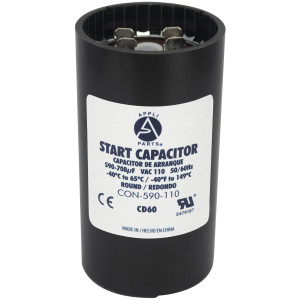 Appli Parts motor start capacitor 590-708 Mfd (microfarads) uF 110-125 VAC universal fit for electric motor applications 1-3/4 in Wide 3-3/8 in Height CON-590-110
