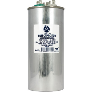 Appli Parts Dual Run Capacitor for ac 80+10 Mfd uF (microfarads) 370VAC or 450VAC CBB65 Round Universal fit for hvac and other applications 5-5/8 in High 2-1/4 in Wide CON-80/10-450 Appli Parts Dual Run Capacitor for ac 80+10 Mfd uF (microfarads) 370VAC or 450VAC CBB65 Round Universal fit for hvac and other applications 5-5/8 in High 2-1/4 in Wide CON-80/10-450
