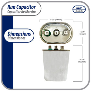 Appli Parts CON-80/5-370 Dual Run Capacitor for ac 80+5 Mfd uF (microfarads) 370VAC CBB65 Oval Universal fit for hvac and other applications 3-1/2in Wide 1-3/4in Depth 4-3/4in High
