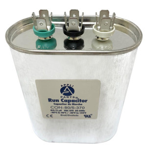 Appli Parts CON-80/5-370 Dual Run Capacitor for ac 80+5 Mfd uF (microfarads) 370VAC CBB65 Oval Universal fit for hvac and other applications 3-1/2in Wide 1-3/4in Depth 4-3/4in High