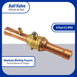 Appli Parts APBV-078 7/8 in Shut Off Ball Valve ODF Universal Replacement 610 psi (4.2 Mpa) max pressure -22 F to 248 F work temperature with 1/4 in SAE service port, with 7-7/8 in overall length