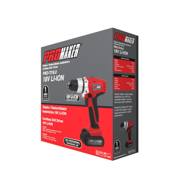 Promaker Cordeless Drill Driver 18.0V LI-ION PRO-TI18.2
Battery: LI-ION
Voltage: 18V
Speed: 0-350 / 0-1150rpm
Chuck size: 3/8in(10 mm)
Weight: 2.14Lb
Max torque: 270 Lb.In