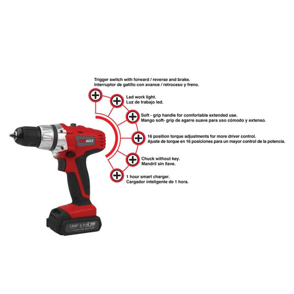 Promaker Cordeless Drill Driver 18.0V LI-ION PRO-TI18.2
Battery: LI-ION
Voltage: 18V
Speed: 0-350 / 0-1150rpm
Chuck size: 3/8in(10 mm)
Weight: 2.14Lb
Max torque: 270 Lb.In