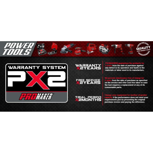 Promaker Cordeless Drill Driver 18.0V LI-ION PRO-TI18.2
Battery: LI-ION
Voltage: 18V
Speed: 0-350 / 0-1150rpm
Chuck size: 3/8in(10 mm)
Weight: 2.14Lb
Max torque: 270 Lb.In