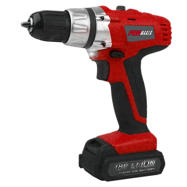 Promaker Cordeless Drill Driver 18.0V LI-ION PRO-TI18.2
Battery: LI-ION
Voltage: 18V
Speed: 0-350 / 0-1150rpm
Chuck size: 3/8in(10 mm)
Weight: 2.14Lb
Max torque: 270 Lb.In