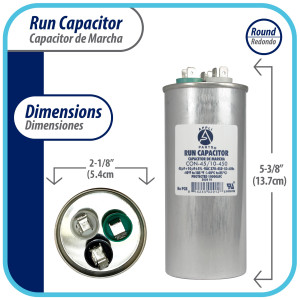 Appli Parts Dual Run Capacitor for ac 45+10 Mfd uF (microfarads) 370VAC or 450VAC Round Universal fit for hvac and other applications 5-3/8 in High 2-1/8 in Wide CON-45/10-450
 Appli Parts Dual Run Capacitor for ac 45+10 Mfd uF (microfarads) 370VAC or 450VAC Round Universal fit for hvac and other applications 5-3/8 in High 2-1/8 in Wide CON-45/10-450